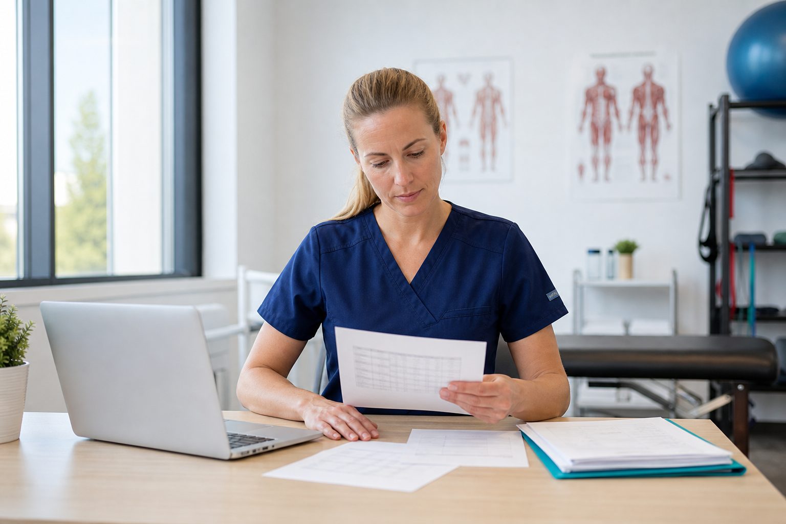 Pelvic health physical therapist reviewing a printed billing summary at a bright desk in a treatment room