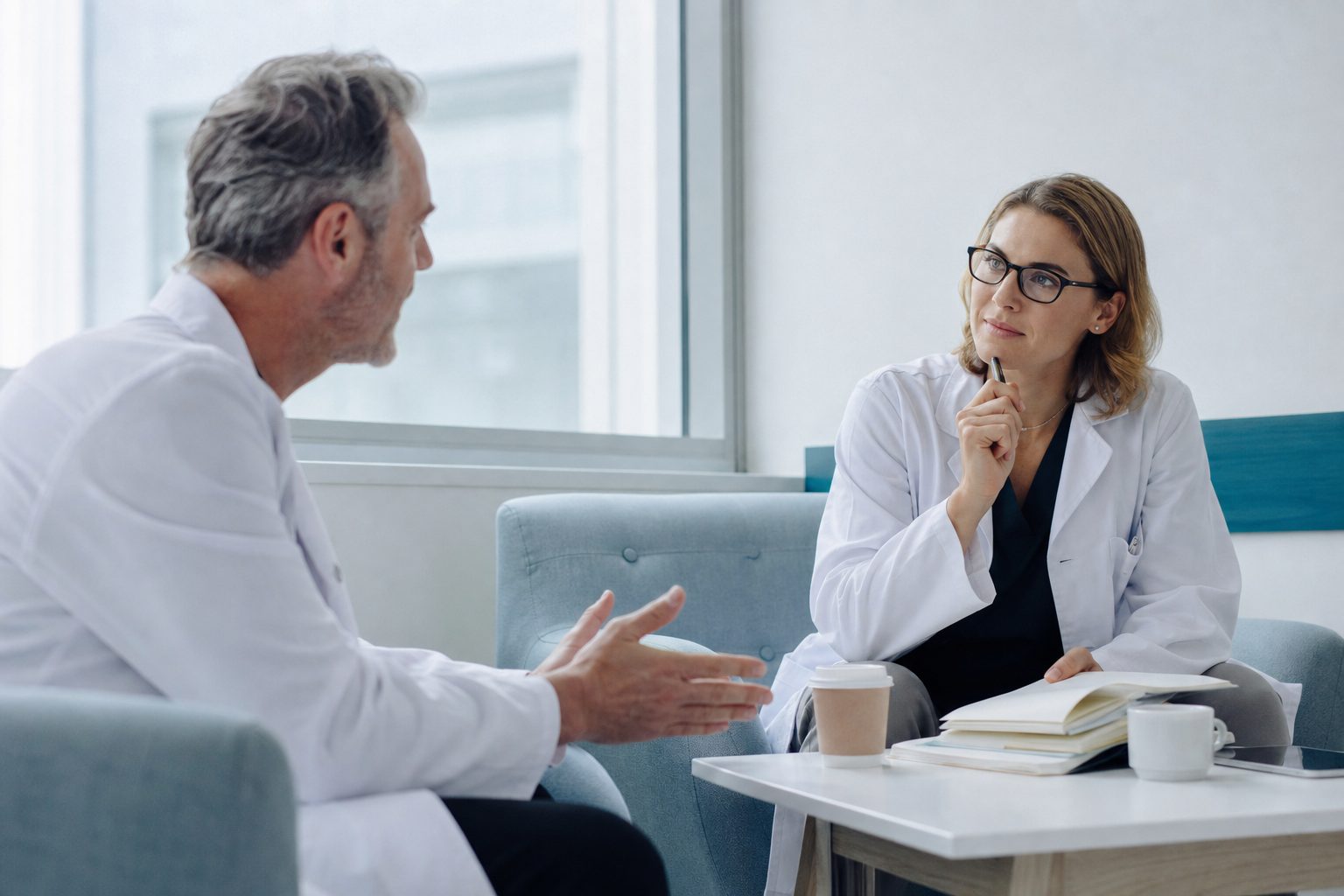 Two clinicians in conversation across a small bright meeting table with notebooks