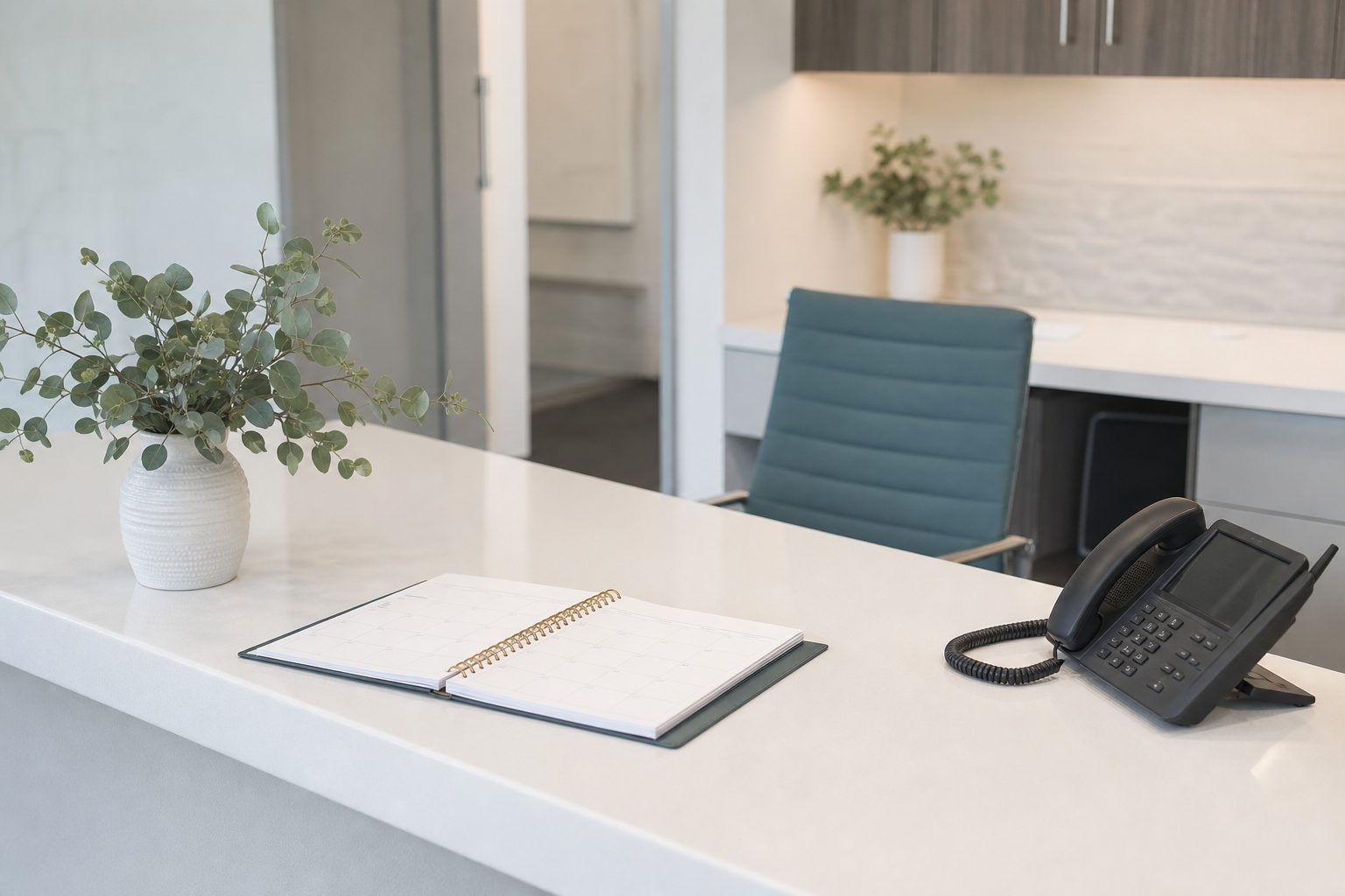 Bright clinic reception desk with an open appointment calendar and eucalyptus in a vase