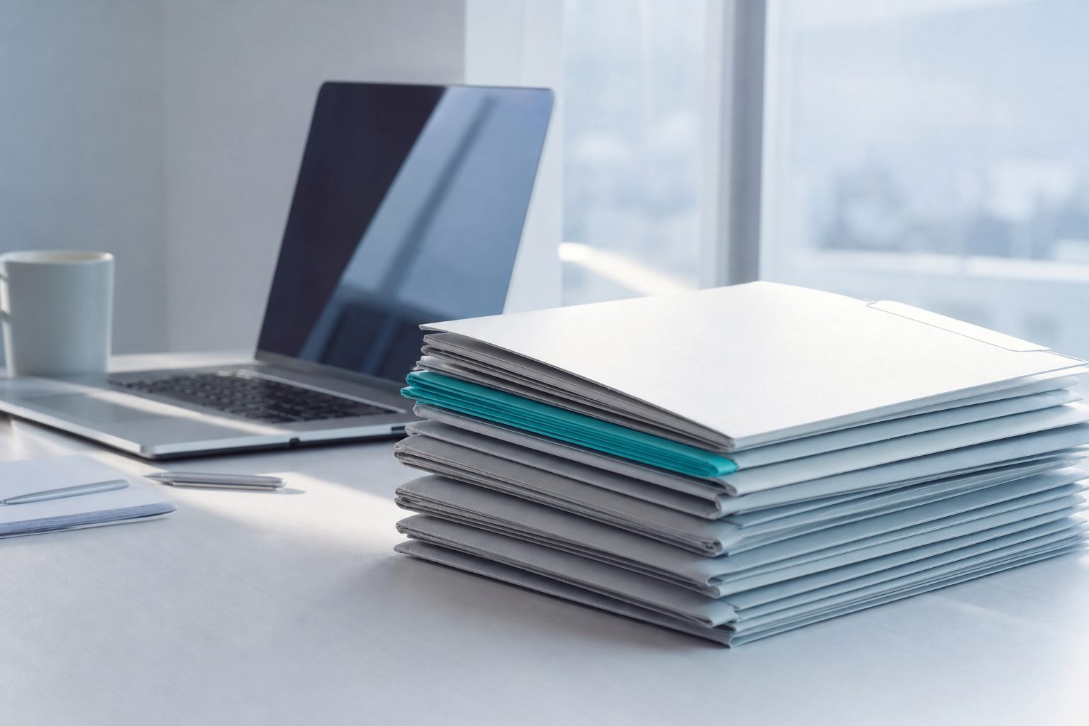 Neatly organized file folders and a laptop on a bright desk during a records review