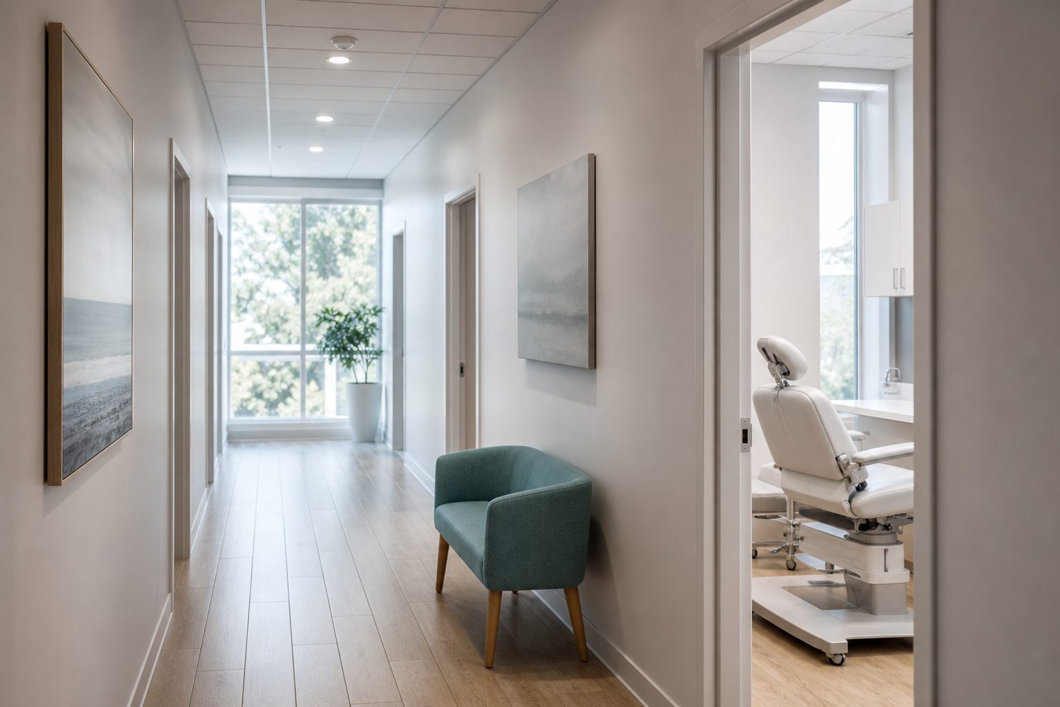 Bright clinic hallway with light wood floor leading to an open treatment room door