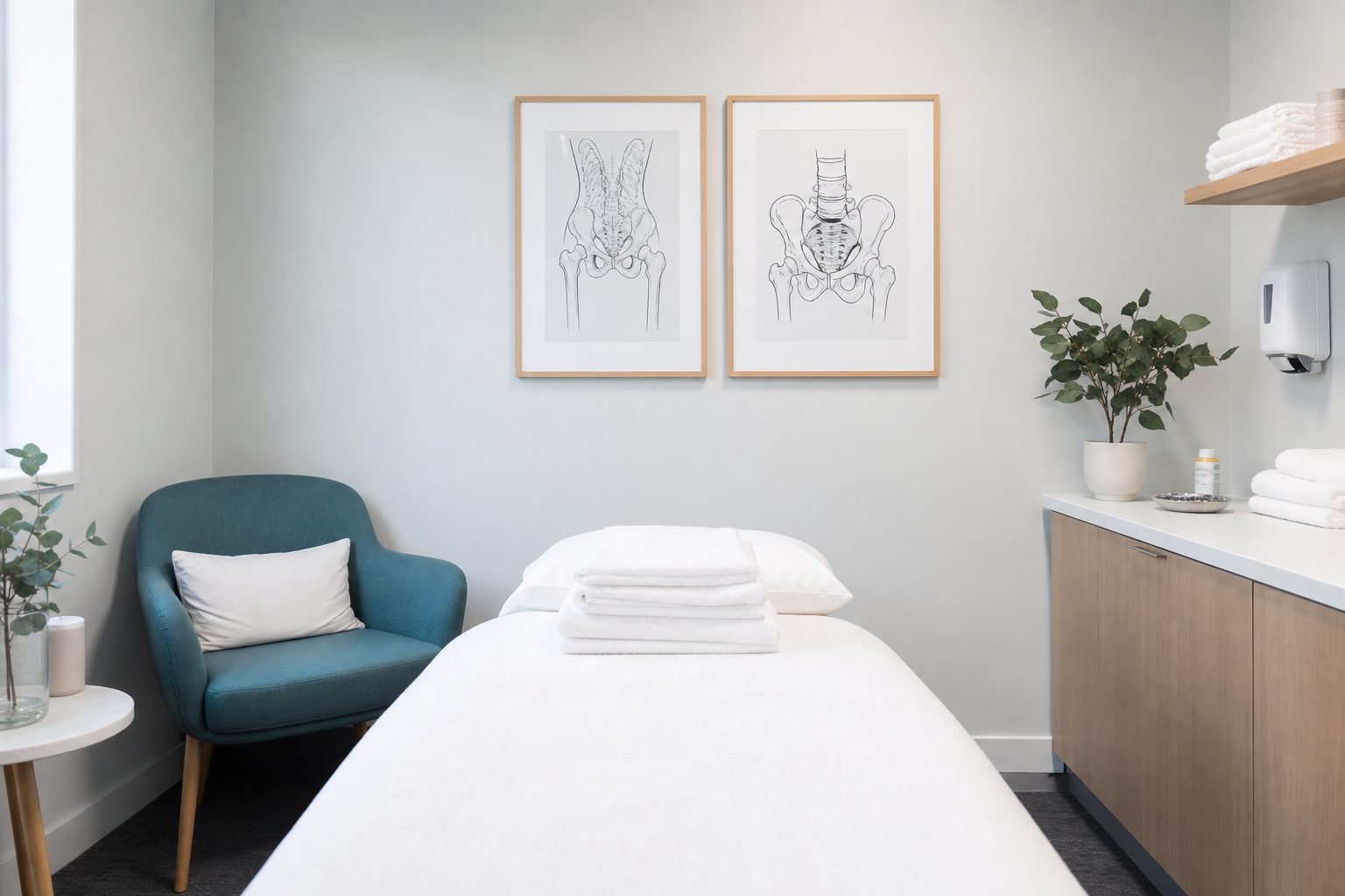 Tidy pelvic health treatment room with draped table, white linens and wall line art