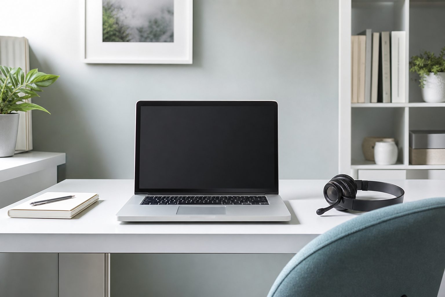 Laptop and headset set up for a telehealth session on a bright white desk