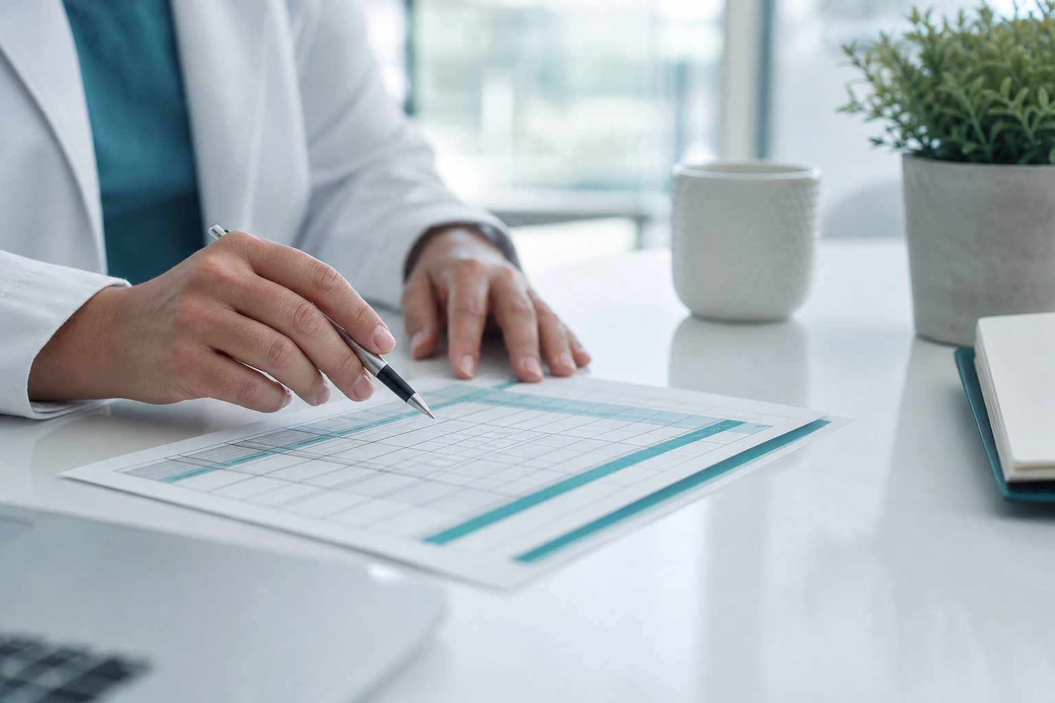 Clinician's hands working through a pricing worksheet on a bright white clinic desk