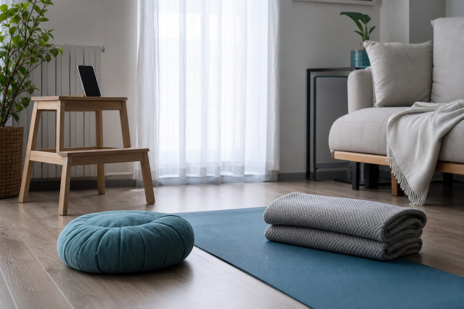 Bright living room floor set up with an exercise mat and propped phone for a home program
