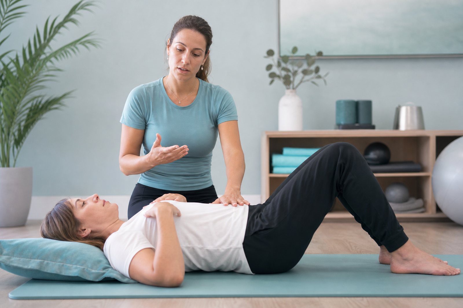 A pelvic health physical therapist guiding a patient through a breathing exercise on a treatment mat in a bright clinic