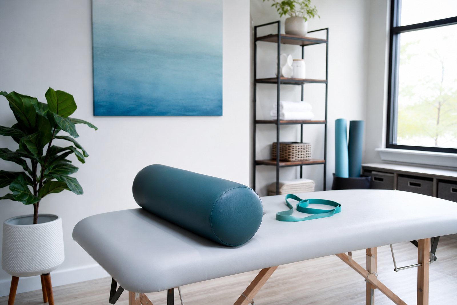 A quiet physical therapy treatment room with a mat, a bolster, a resistance band and a plant in soft daylight